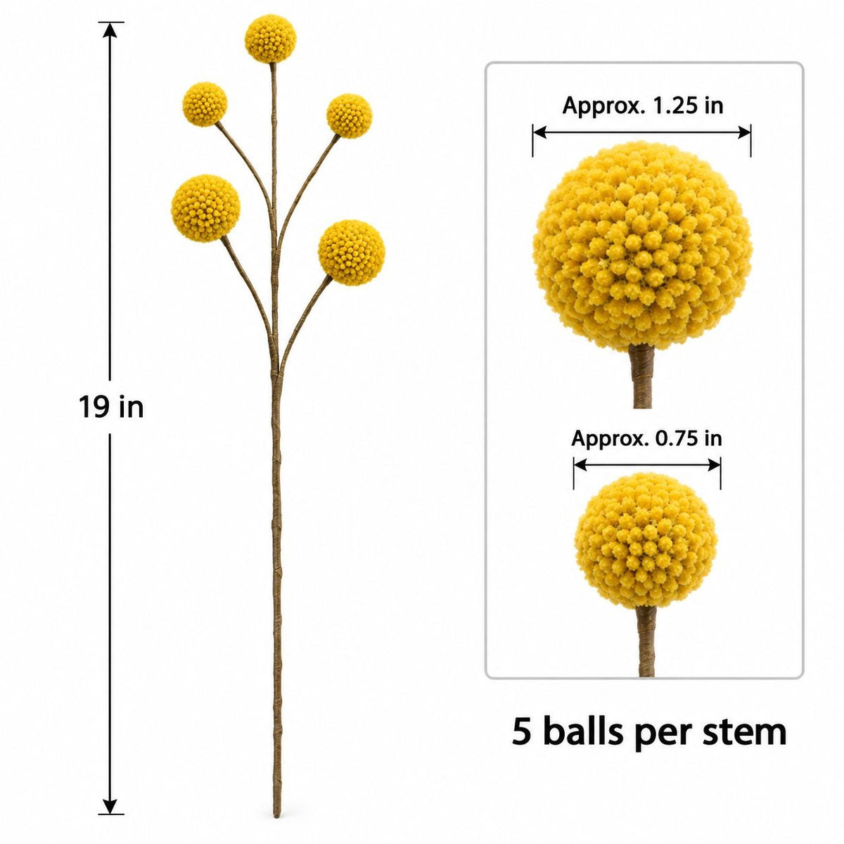 Artificial Yellow Craspedia Billy Ball Stem, 19-Inch, 5-Head Faux Flower
