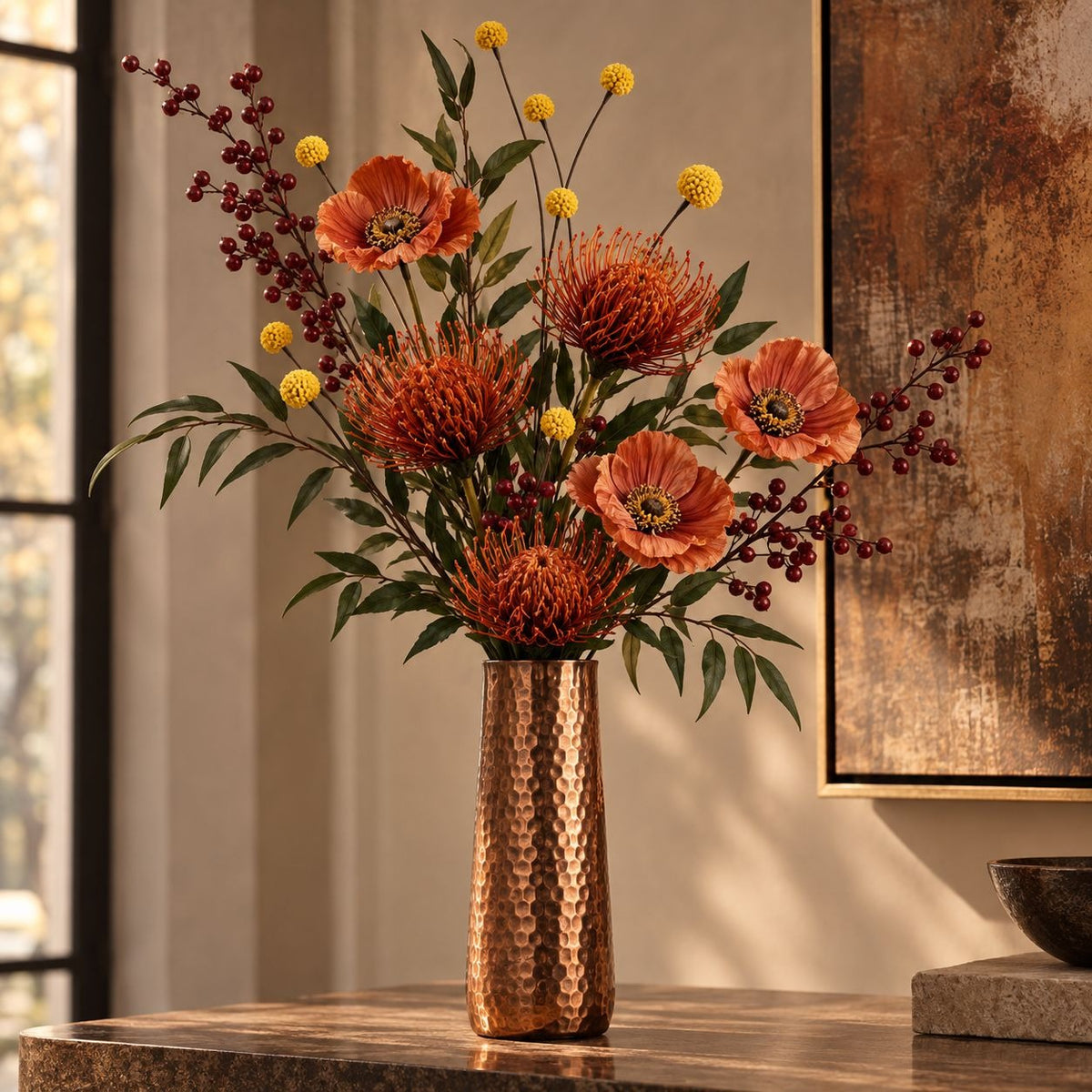 Artificial Yellow Craspedia Billy Ball Stem, 19-Inch, 5-Head Faux Flower