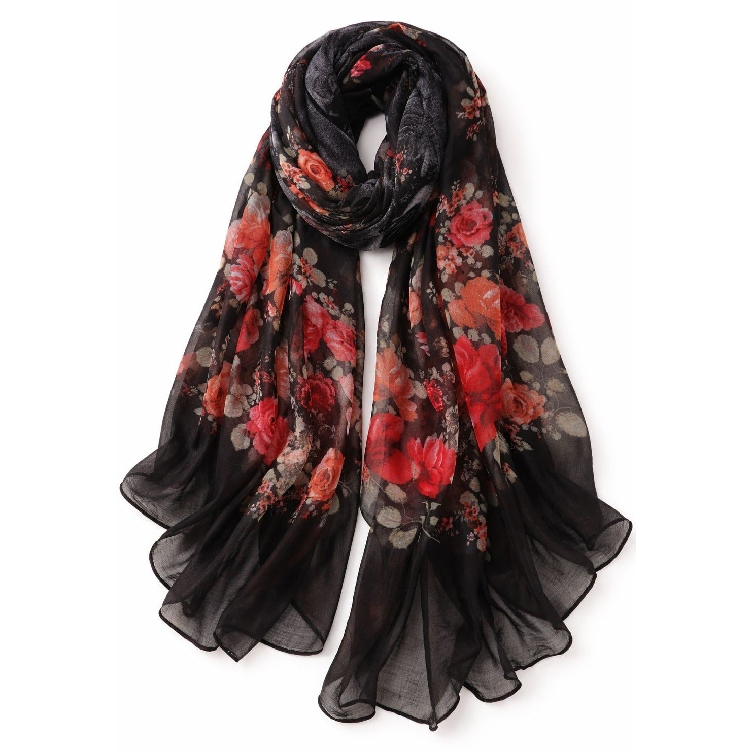 Black Floral Chiffon Scarf for Women, Lightweight Sheer Shawl Wrap, Elegant Red Rose Print Fashion Scarf for Fall Winter Travel