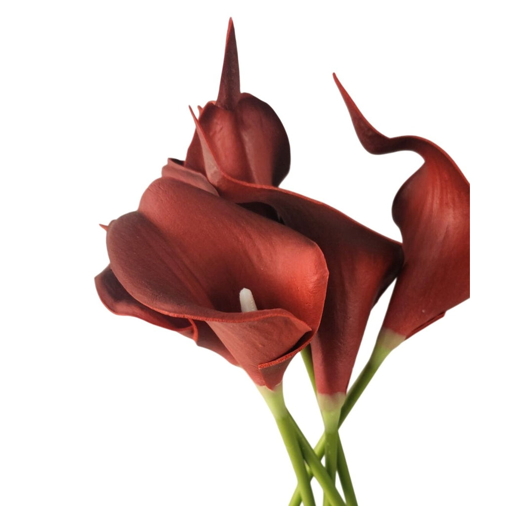 Burgundy Calla Lily Stems Faux Floral Bouquet Wine Red Flowers 5 Stem Bunch Moody Decor Gothic Home Decor Vase Arrangement