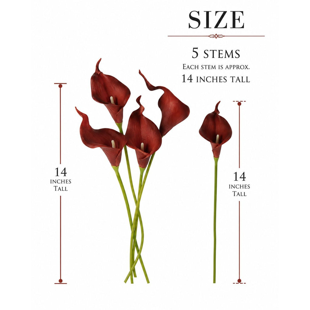 Burgundy Calla Lily Stems Faux Floral Bouquet Wine Red Flowers 5 Stem Bunch Moody Decor Gothic Home Decor Vase Arrangement