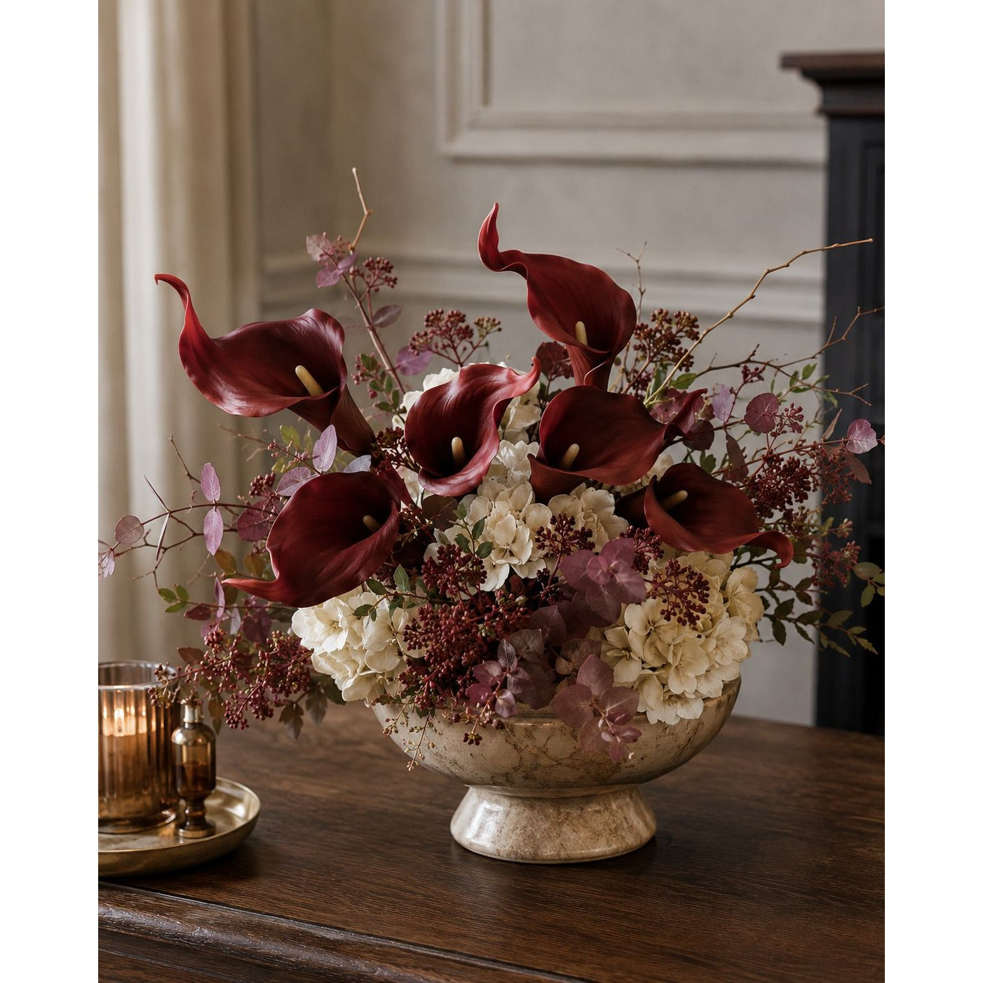 Burgundy Calla Lily Stems Faux Floral Bouquet Wine Red Flowers 5 Stem Bunch Moody Decor Gothic Home Decor Vase Arrangement