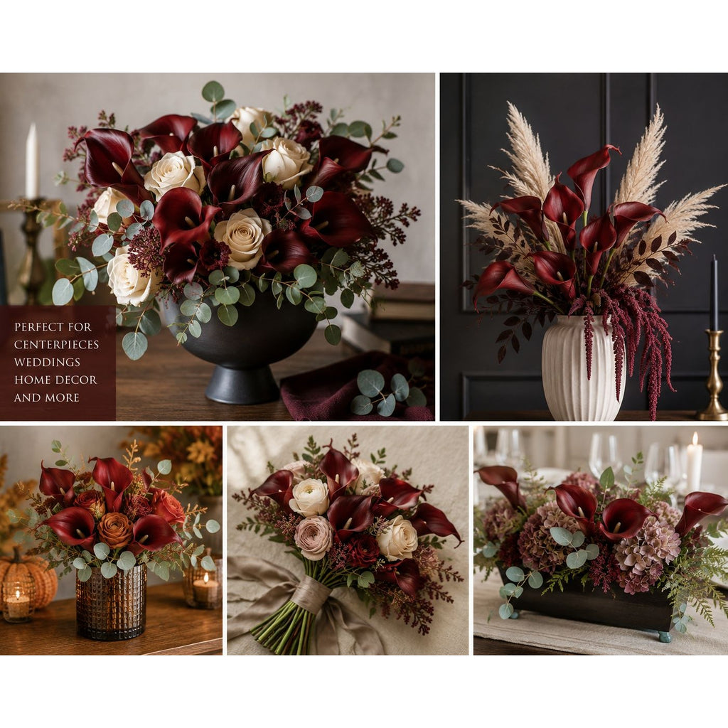 Burgundy Calla Lily Stems Faux Floral Bouquet Wine Red Flowers 5 Stem Bunch Moody Decor Gothic Home Decor Vase Arrangement
