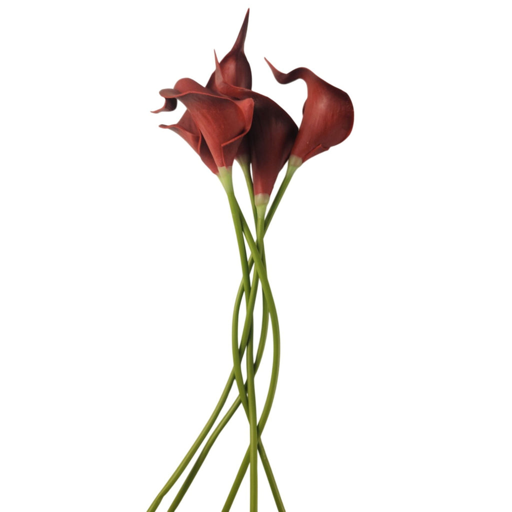 Burgundy Calla Lily Stems Faux Floral Bouquet Wine Red Flowers 5 Stem Bunch Moody Decor Gothic Home Decor Vase Arrangement