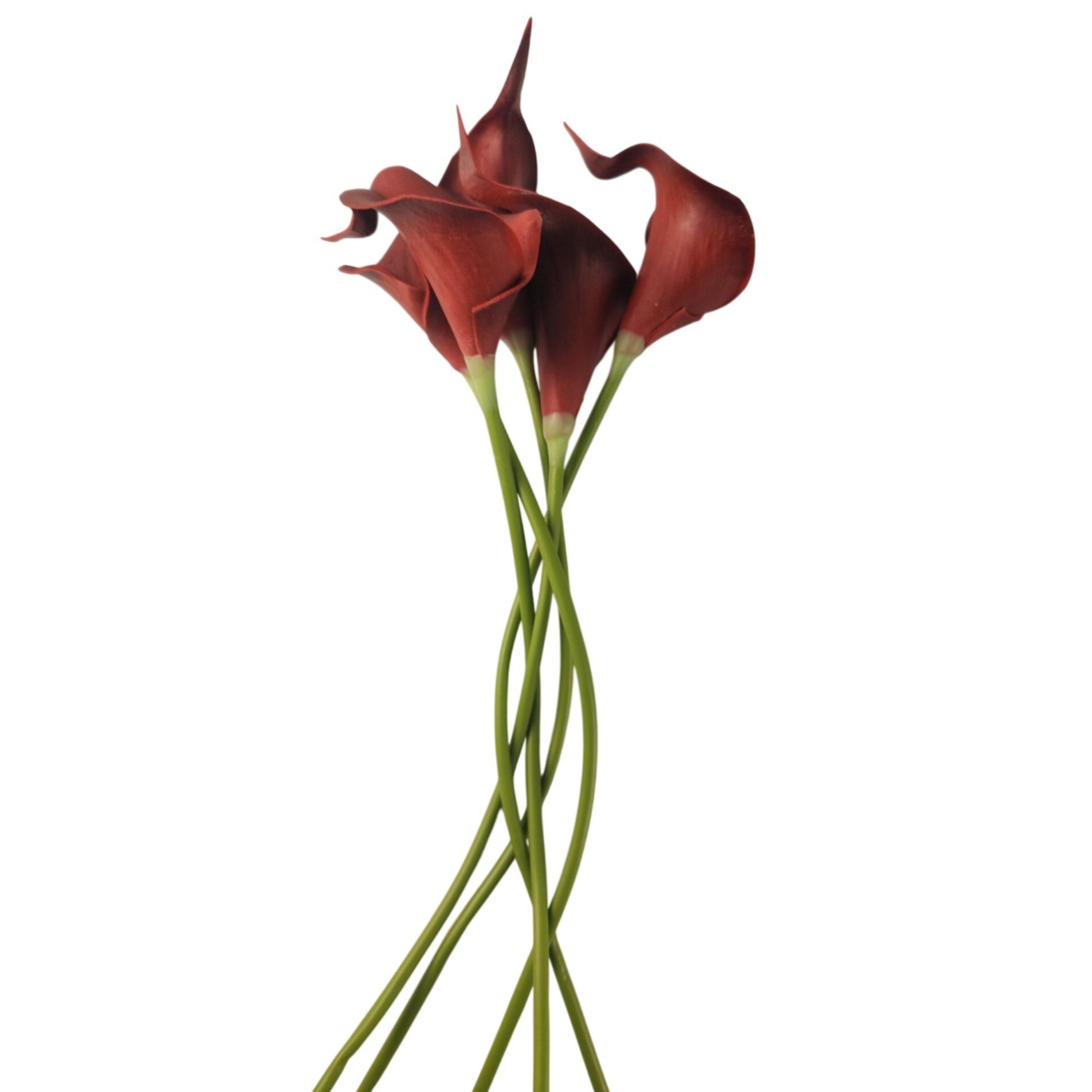 Burgundy Calla Lily Stems Faux Floral Bouquet Wine Red Flowers 5 Stem Bunch Moody Decor Gothic Home Decor Vase Arrangement