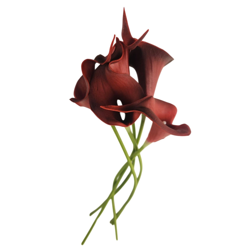 Burgundy Calla Lily Stems Faux Floral Bouquet Wine Red Flowers 5 Stem Bunch Moody Decor Gothic Home Decor Vase Arrangement