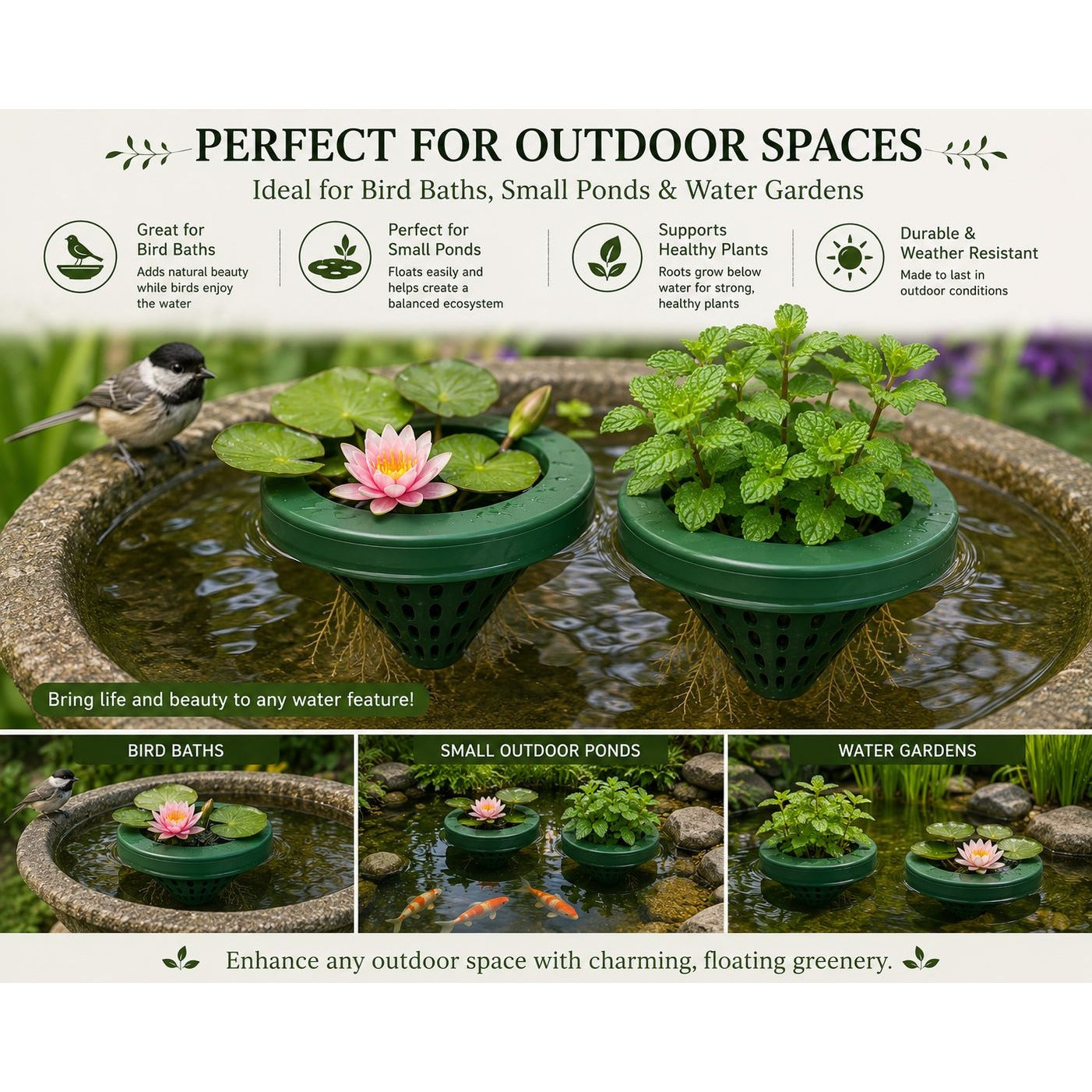 Set of 2 Floating Aquarium Planters, Floating Fish Bowl Planter, Hydroponic Basket, Betta Tank Plant Holder, Bird Bath Floating Planter