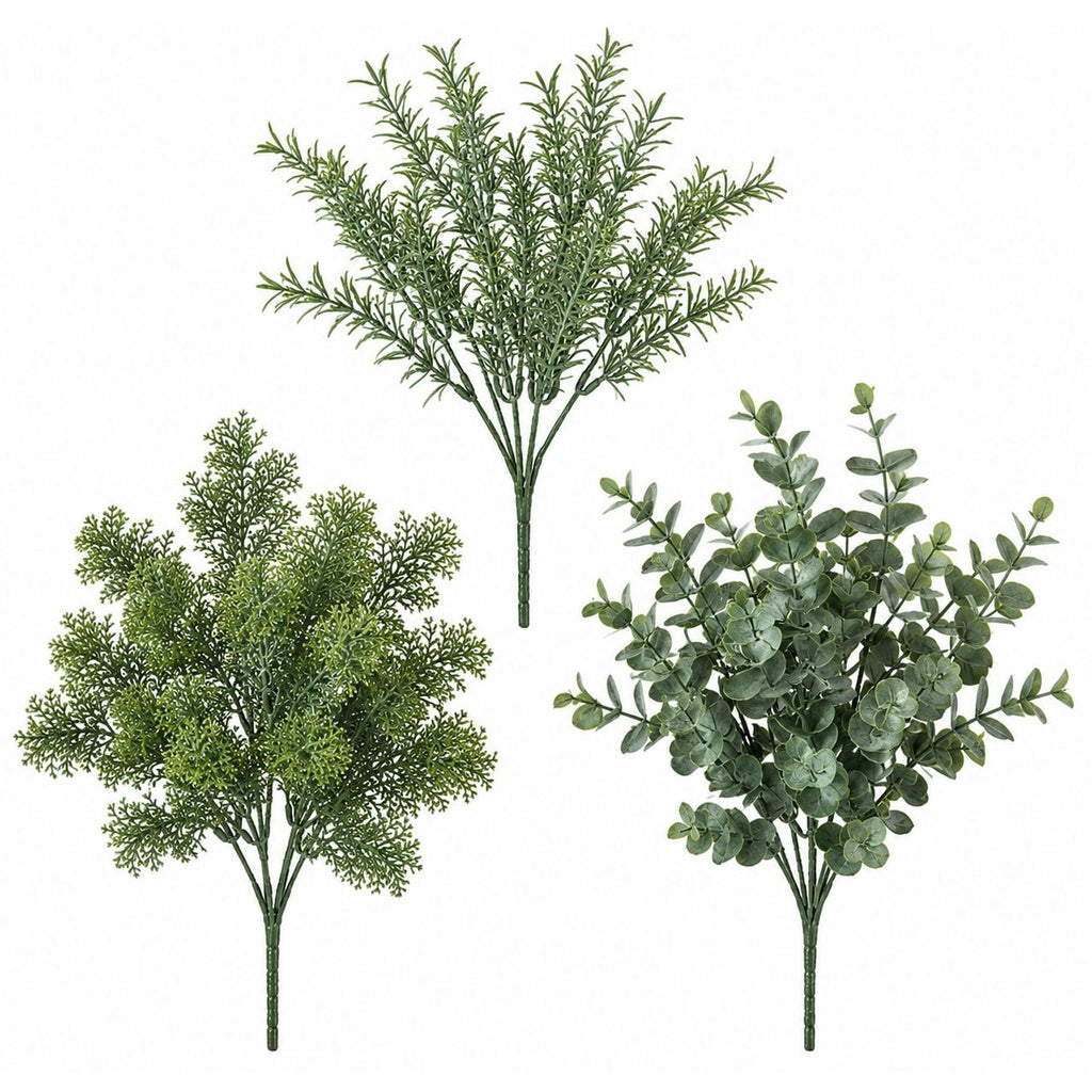 Set of 3 Faux Greenery Bushes Artificial Eucalyptus Rosemary Cedar Greenery Wedding Centerpiece Wreath Supplies Farmhouse Decor