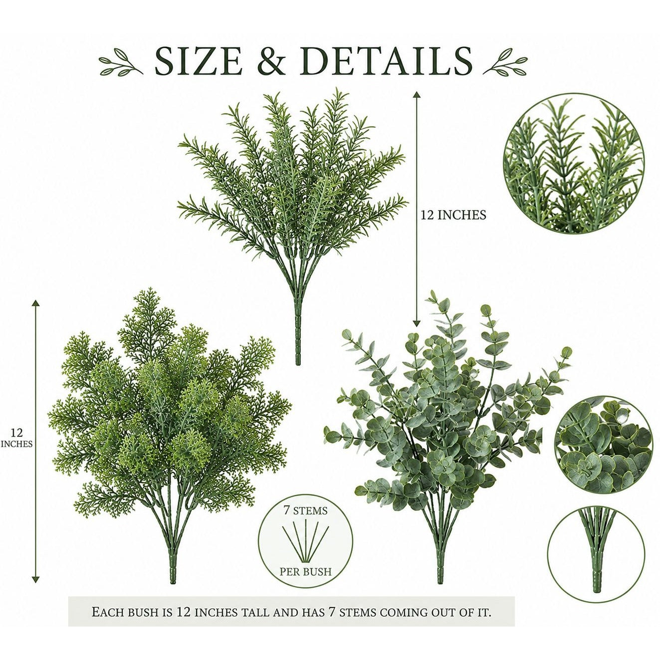 Artificial plants with size and detail information on a white background
