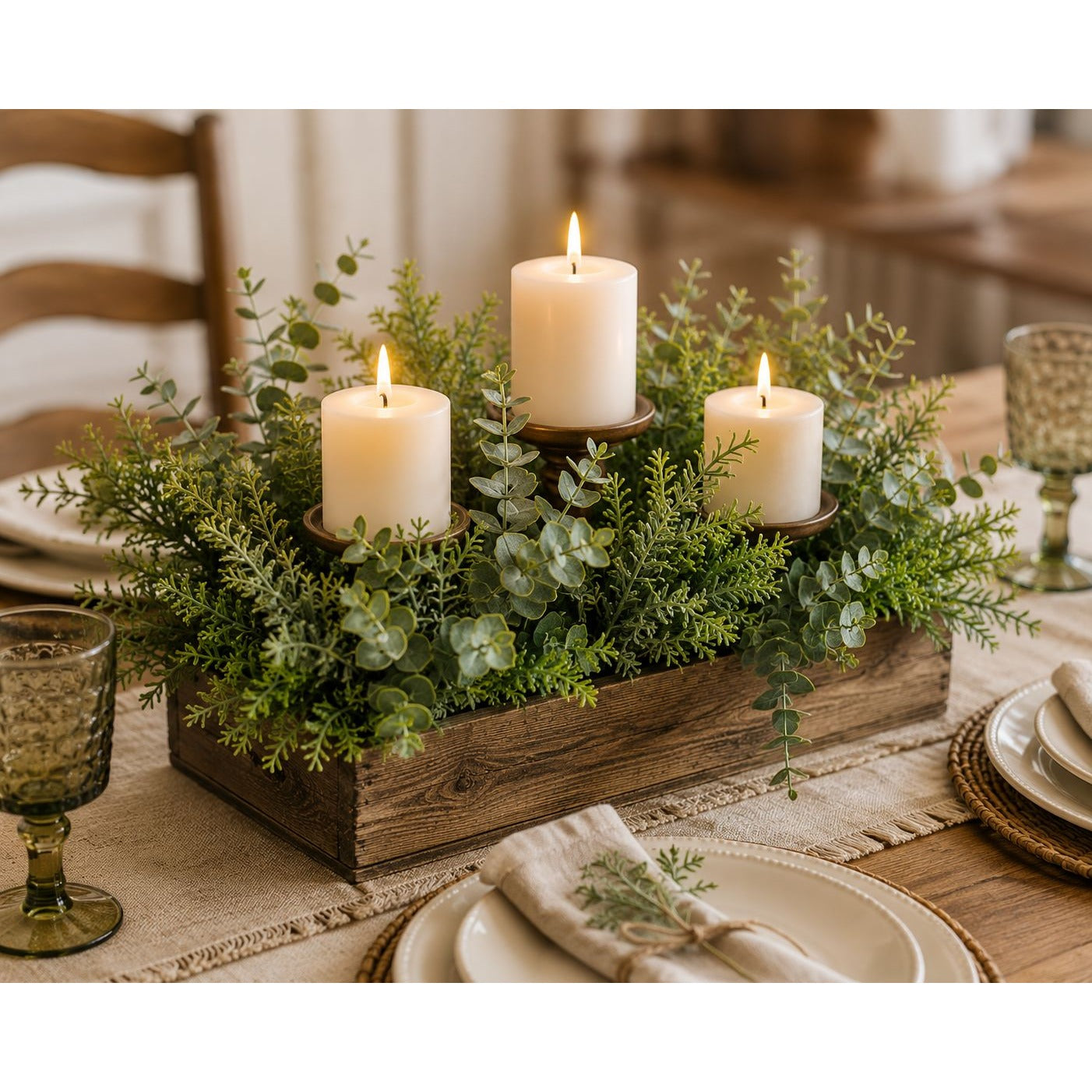 Decorative centerpiece with candles and greenery on a table setting.