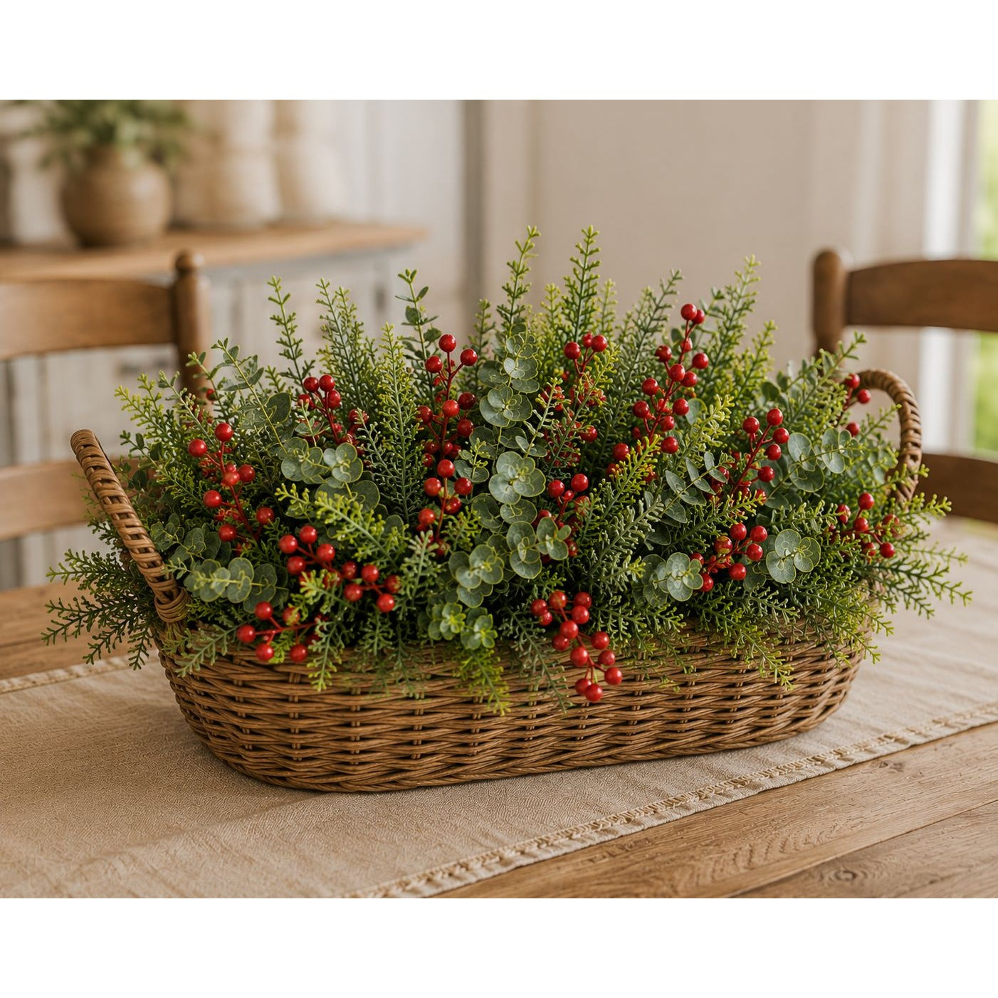 Wicker basket filled with greenery and red berries on a wooden table.