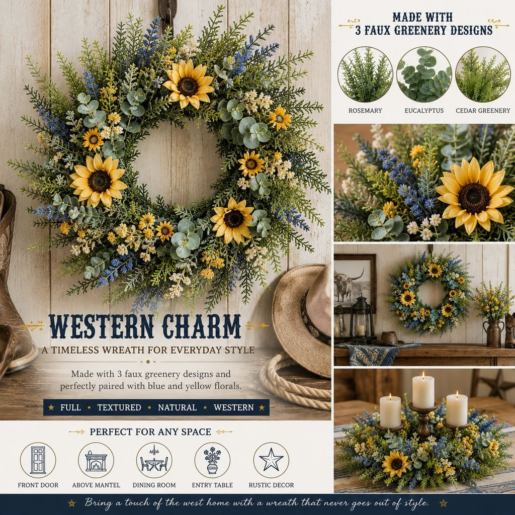 Floral wreath with sunflowers and greenery on a wooden background, featuring text about product details and uses.