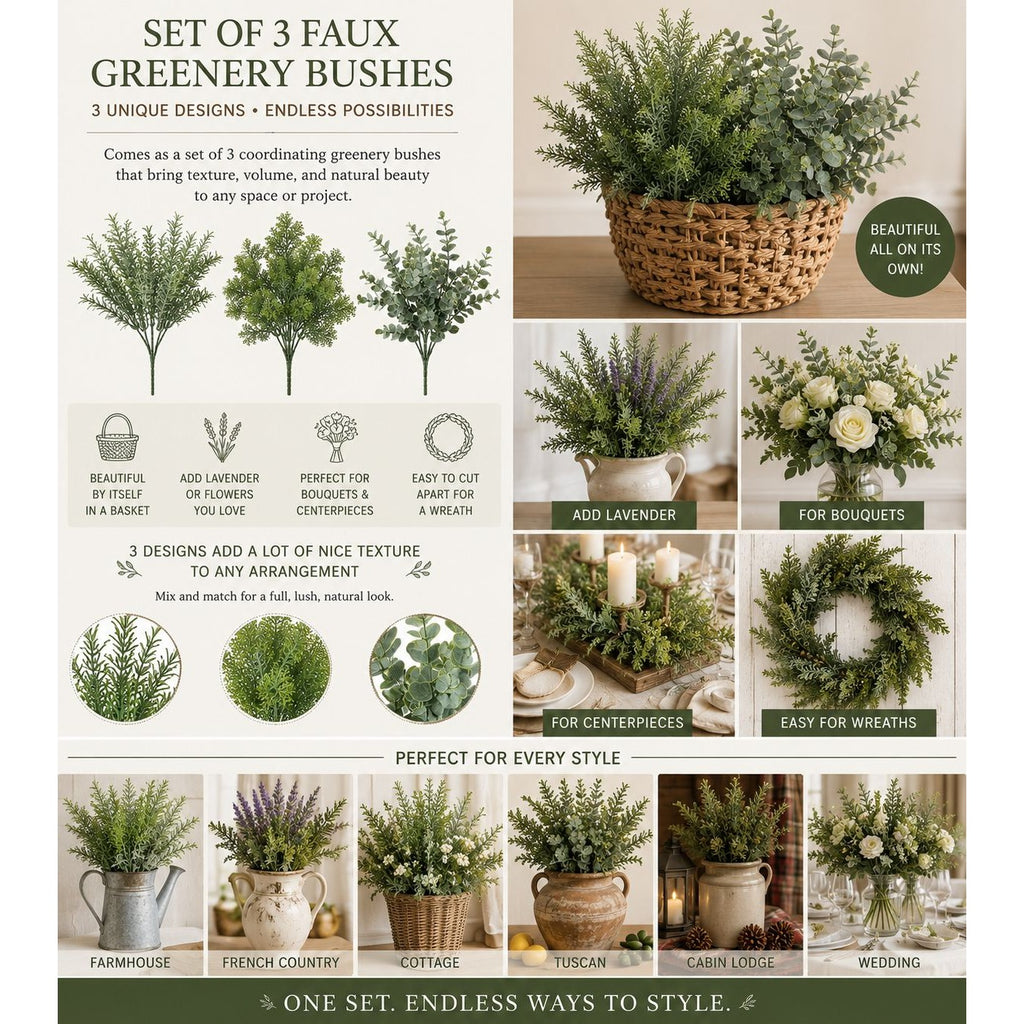 Set of 3 faux greenery bushes with various usage examples on a white background.