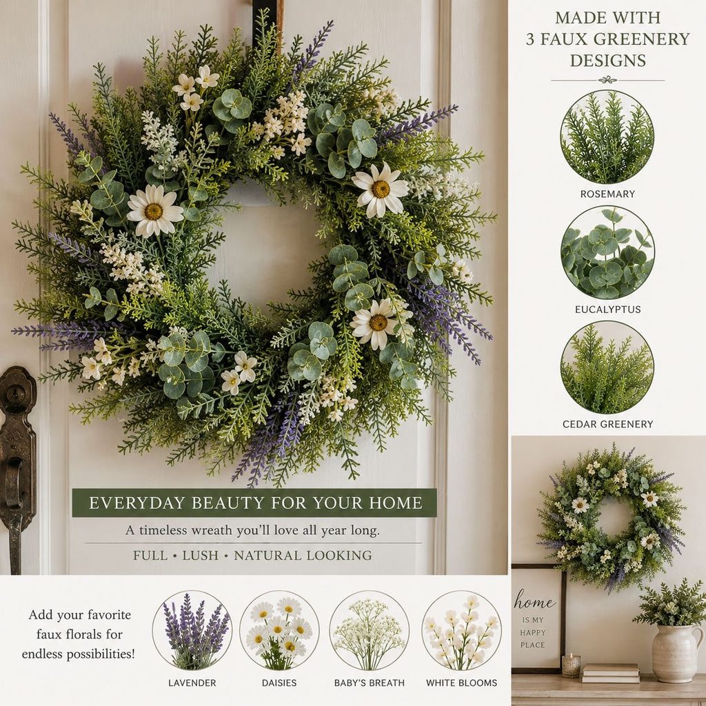 Faux greenery wreath with flowers on a door, featuring text about the product.