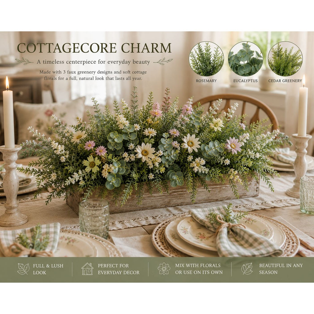 Cottagecore charm floral arrangement on a table with candles and plaid napkins.