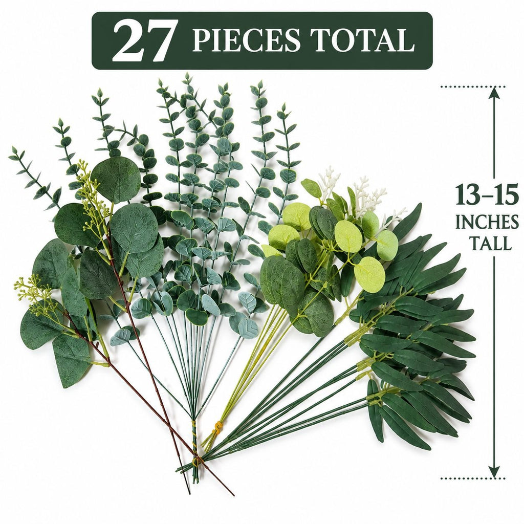 Artificial Eucalyptus Stems Set of 27, Mixed Faux Greenery 13-15 Inch