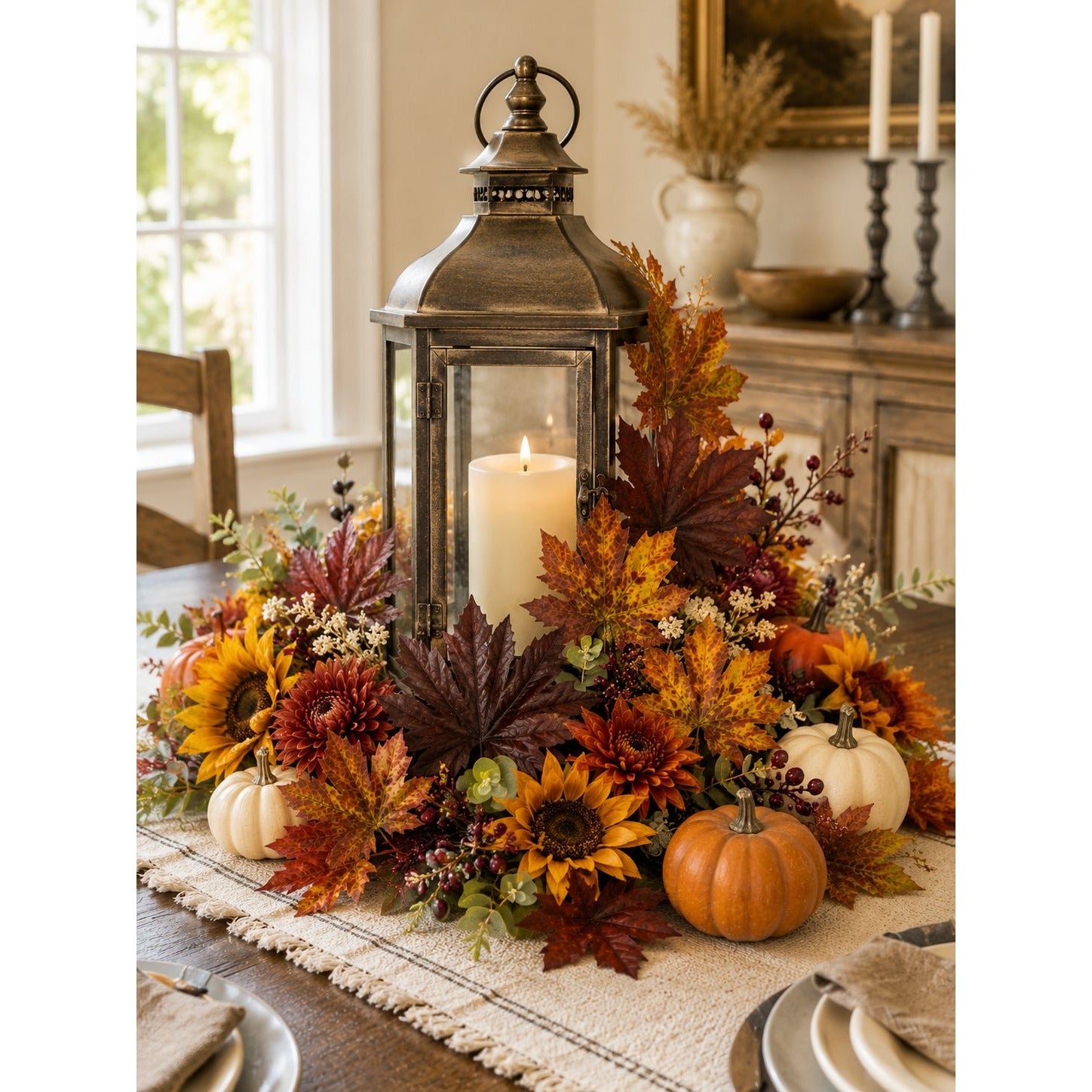 16 Artificial Fall Maple Leaves, Golden Yellow Burnt Orange Burgundy Red, Thanksgiving Table Decor and Wreath Craft Supply