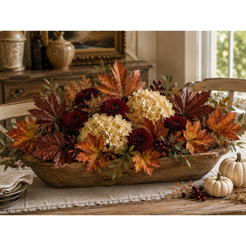 16 Artificial Fall Maple Leaves, Golden Yellow Burnt Orange Burgundy Red, Thanksgiving Table Decor and Wreath Craft Supply