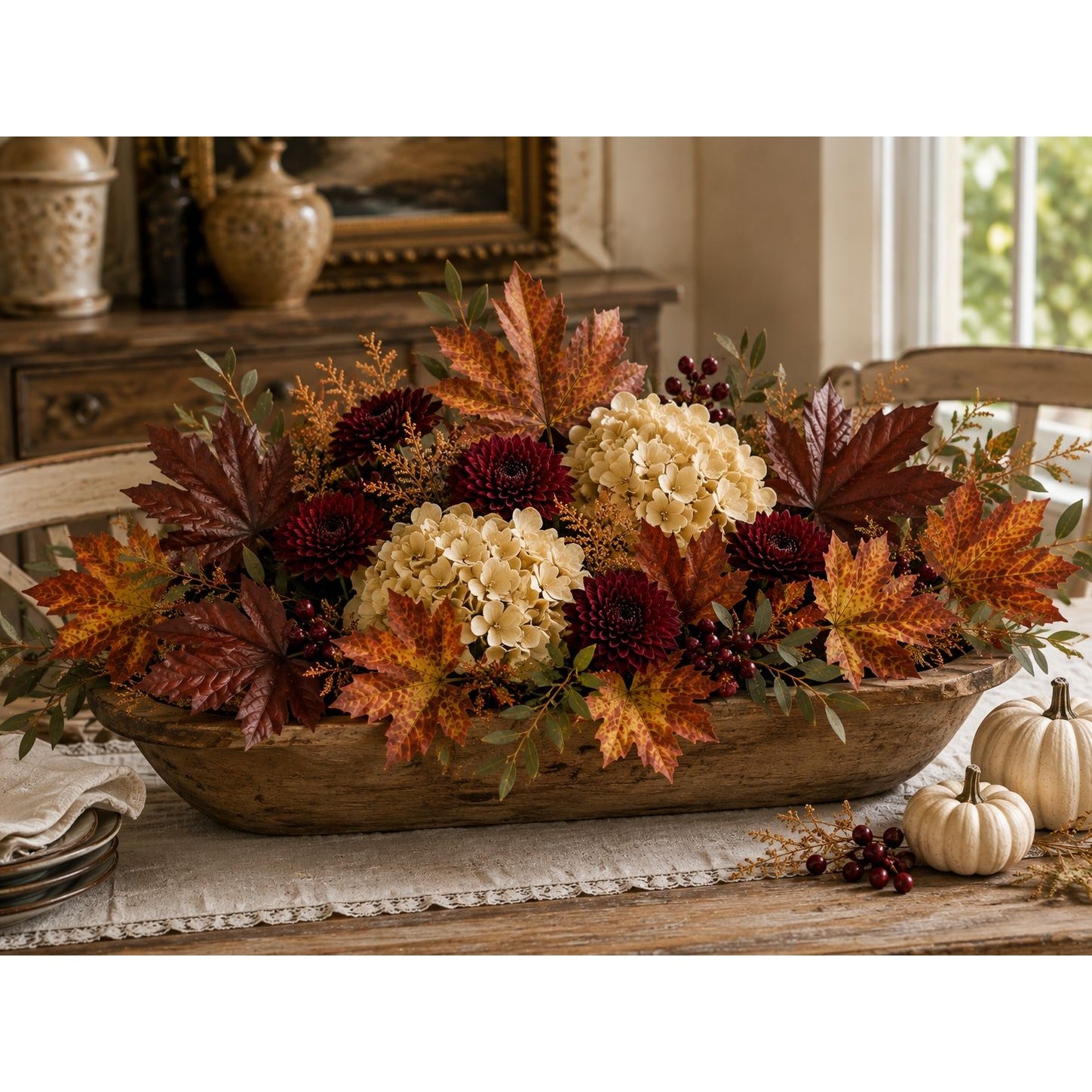 16 Artificial Fall Maple Leaves, Golden Yellow Burnt Orange Burgundy Red, Thanksgiving Table Decor and Wreath Craft Supply