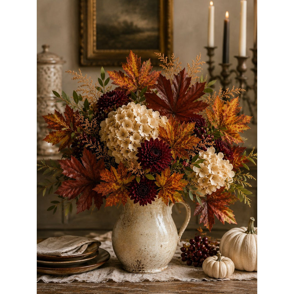 16 Artificial Fall Maple Leaves, Golden Yellow Burnt Orange Burgundy Red, Thanksgiving Table Decor and Wreath Craft Supply