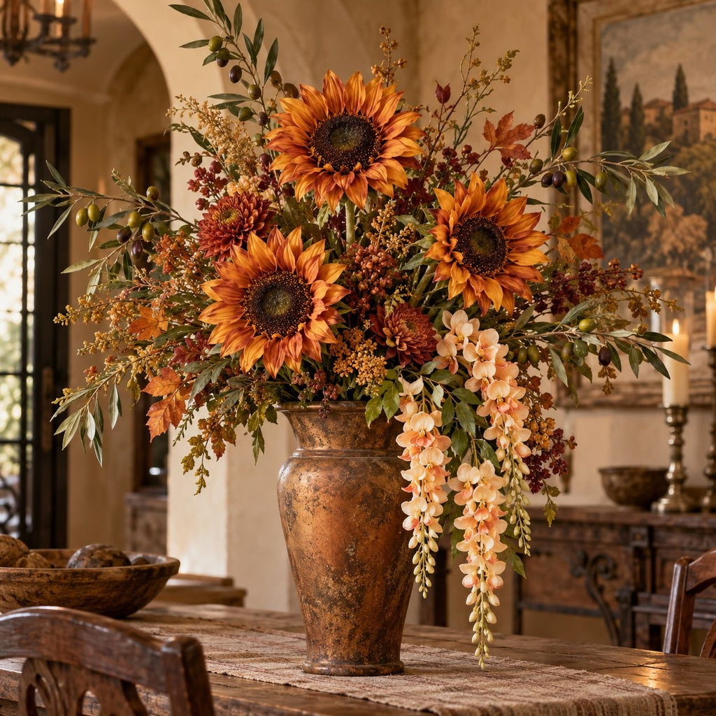 An autumn floral arrangement featuring large orange sunflowers, peach wisteria, and warm fall foliage in a distressed bronze ceramic vase, displayed on a rustic wooden dining table in a warmly lit home interior.