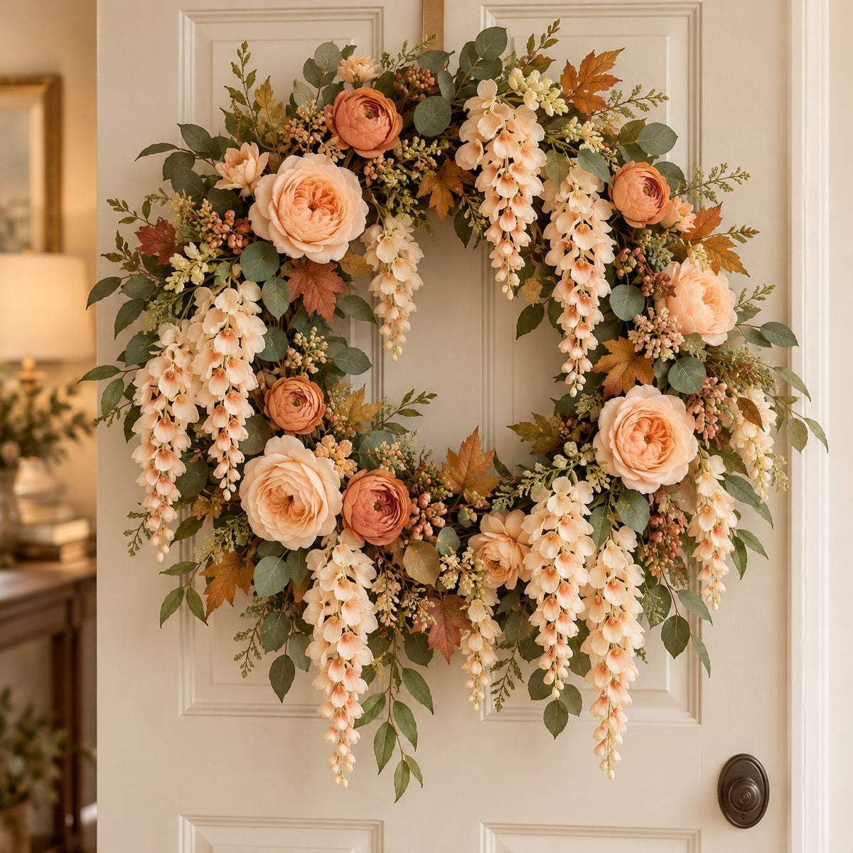 A large autumn floral wreath hanging on a cream-colored paneled door. The wreath features peach roses, cascading cream and peach wisteria, green eucalyptus leaves, and small brown and gold fall leaves.