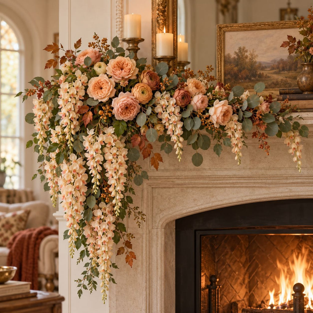 A large floral garland in blush, peach, cream, and muted green tones draped across a stone fireplace mantel, with hanging wisteria-like blooms and greenery beside candles and framed art.