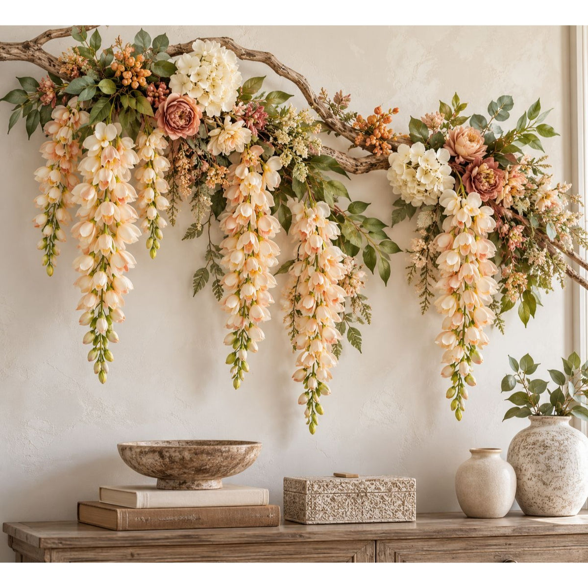 A decorative floral garland with cascading peach and cream wisteria-like blooms, mixed green leaves, and blush and rust flowers draped across a wall above a wooden console table with vases and books.