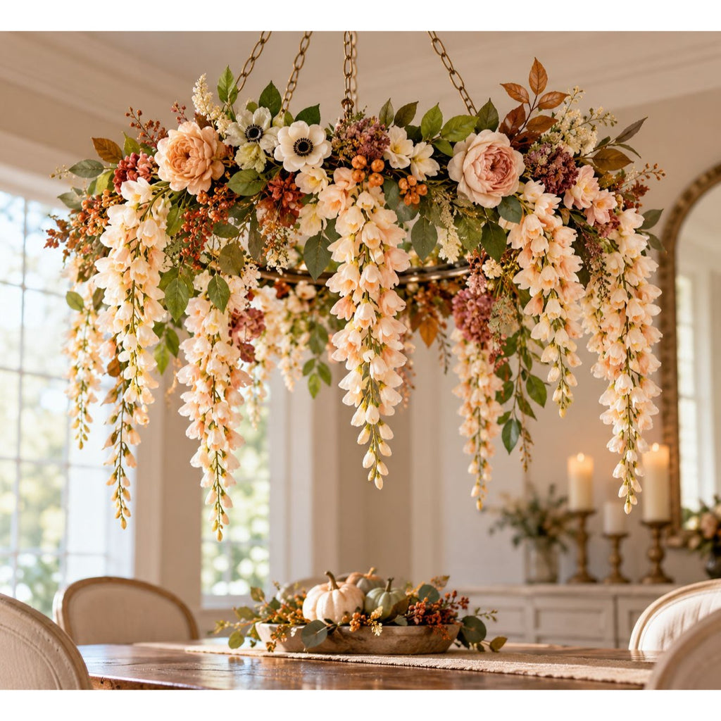 A large floral chandelier hanging over a dining table in a bright, elegant room. The chandelier is decorated with cream, peach, and pink faux flowers, green foliage, and small brown berries, suspended from a gold-toned chain.