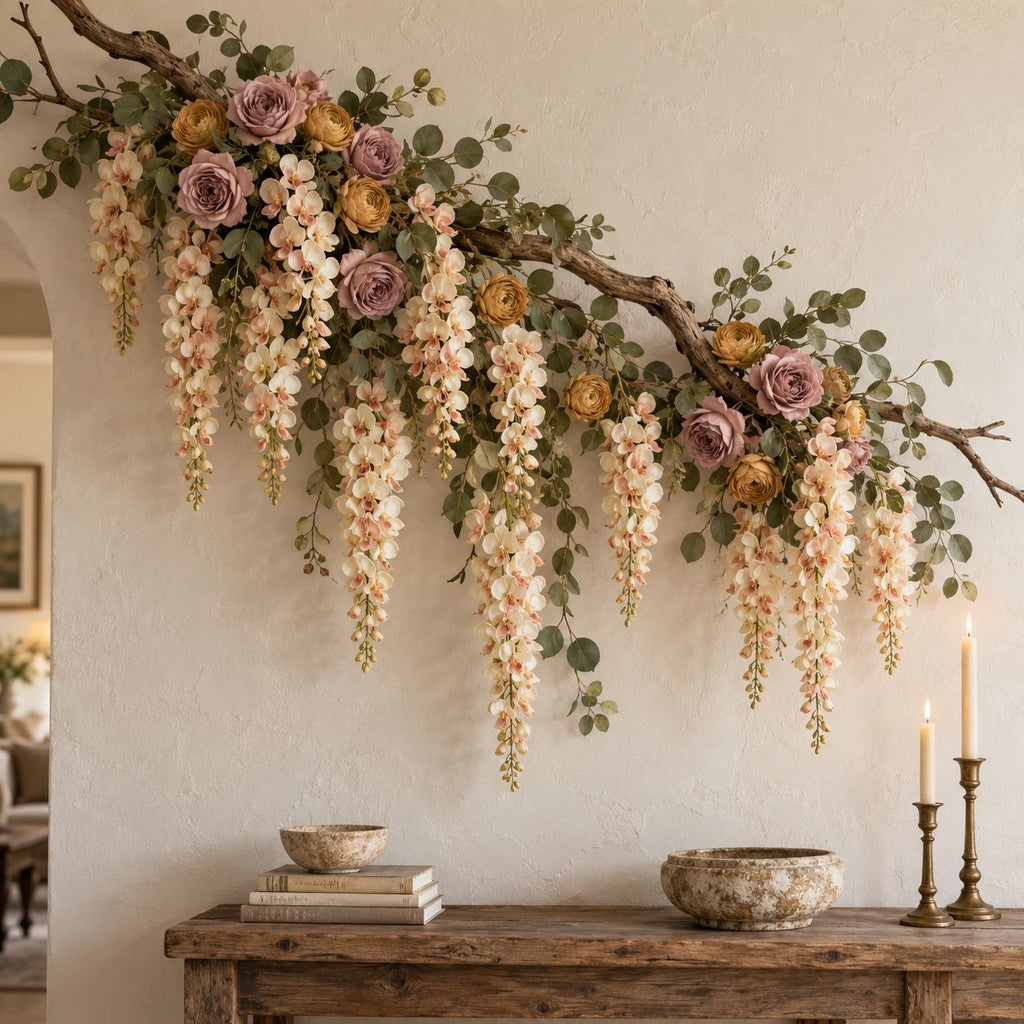 A rustic floral garland draped across a cream-colored wall above a wooden console table. The garland features cascading white and blush pink wisteria flowers, mauve and tan roses, and green eucalyptus leaves on a weathered brown branch.