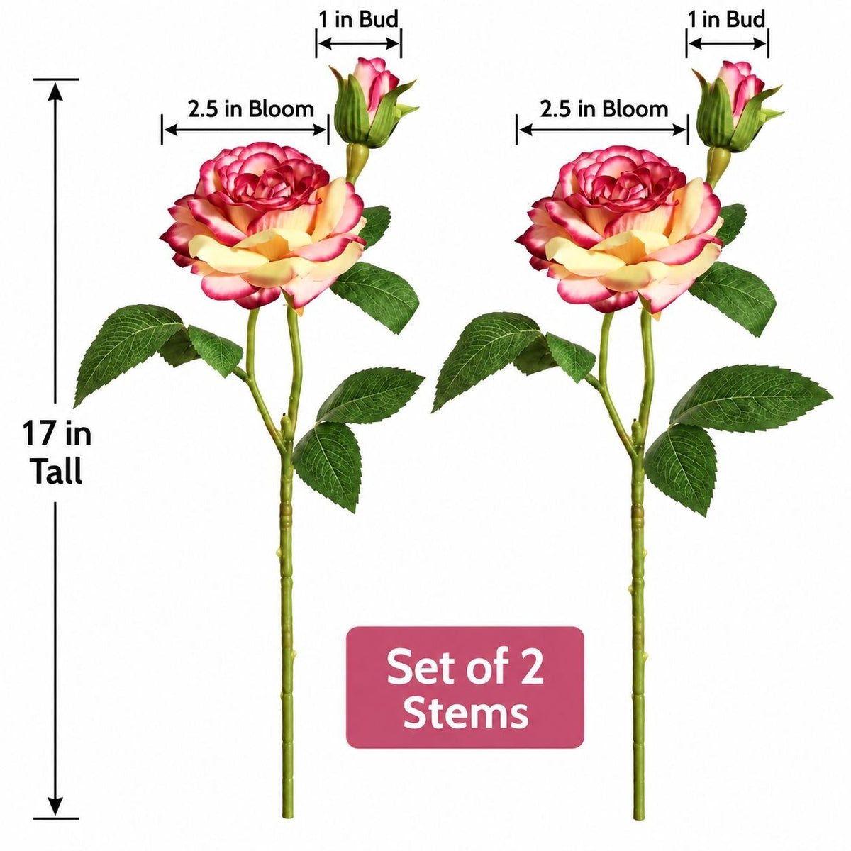 17-Inch Cream Pink Artificial Rose Stems with Buds, Set of 2