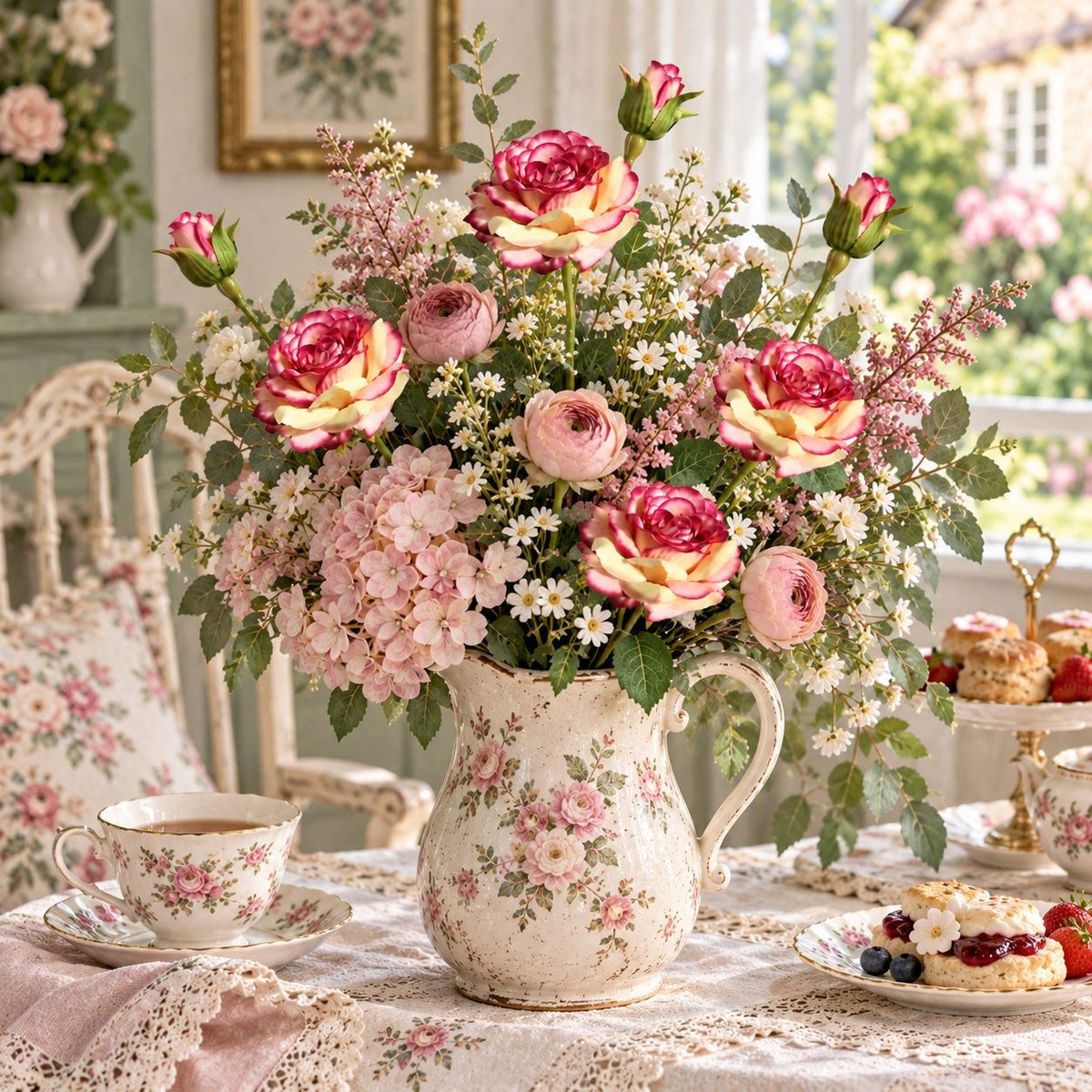 17-Inch Cream Pink Artificial Rose Stems with Buds, Set of 2