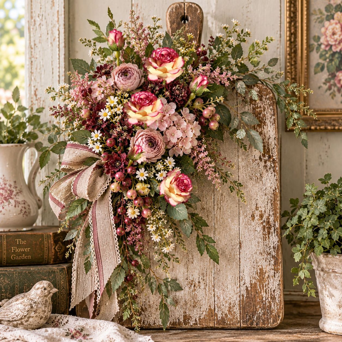 17-Inch Cream Pink Artificial Rose Stems with Buds, Set of 2