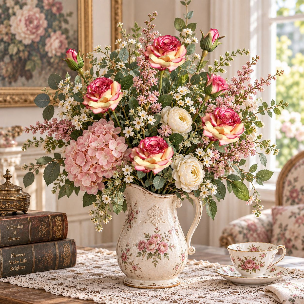 17-Inch Cream Pink Artificial Rose Stems with Buds, Set of 2