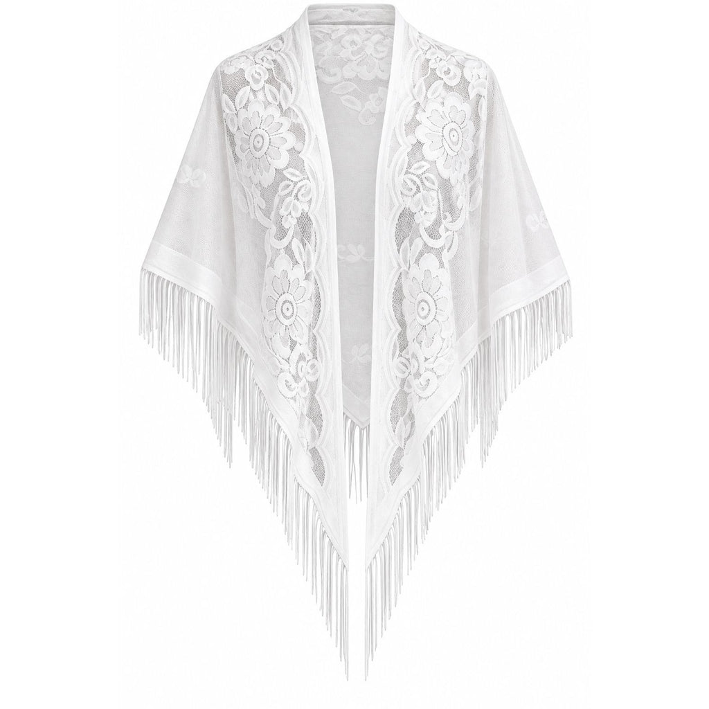 White Floral Lace Triangle Shawl Fringe Sheer Bridal Wedding Evening Wrap