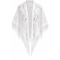 White Floral Lace Triangle Shawl Fringe Sheer Bridal Wedding Evening Wrap