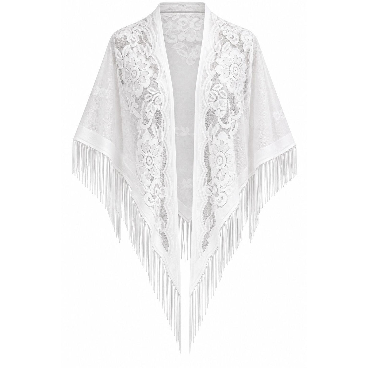 White Floral Lace Triangle Shawl Fringe Sheer Bridal Wedding Evening Wrap