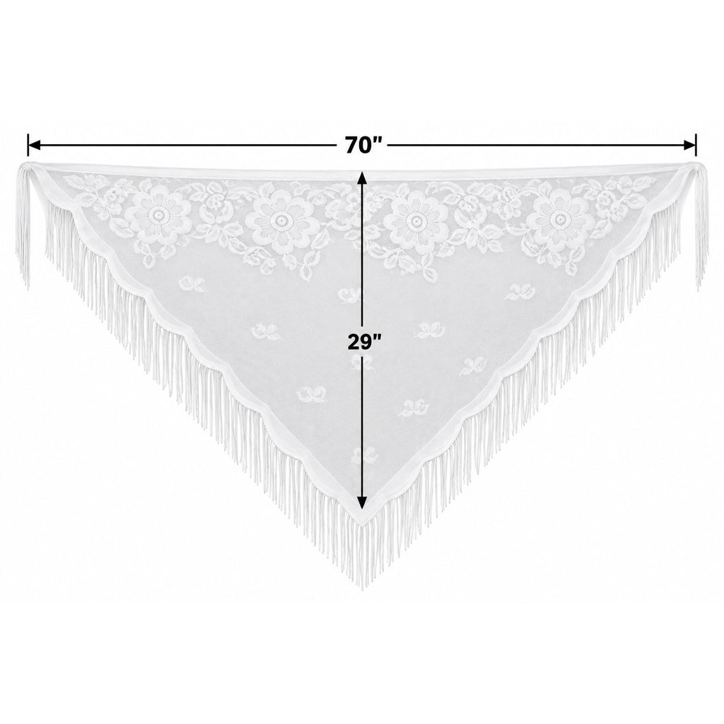 White lace triangular fringed scarf with floral embroidery, shown with dimension lines indicating 70 inches wide and 29 inches high.