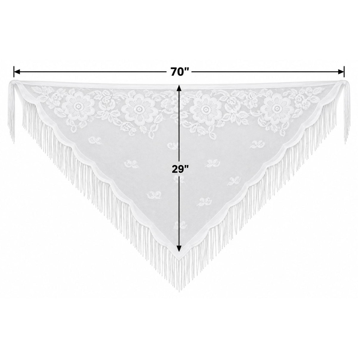 White lace triangular fringed scarf with floral embroidery, shown with dimension lines indicating 70 inches wide and 29 inches high.