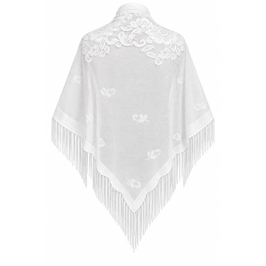 White shawl with floral embroidery and fringe trim, displayed on a mannequin against a plain white background.