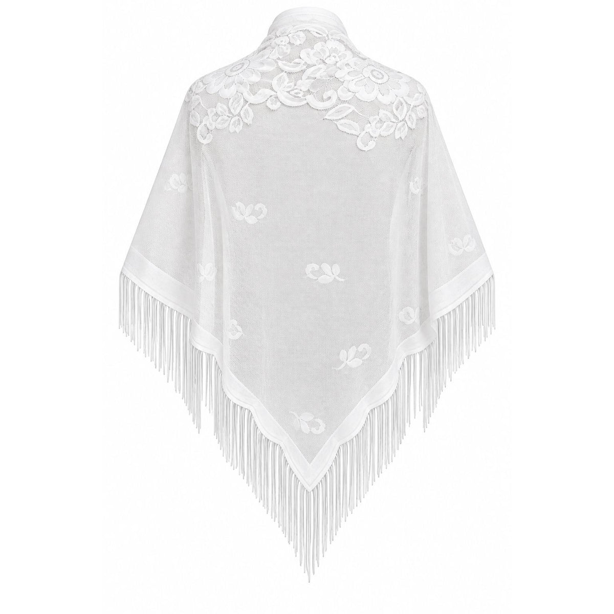 White shawl with floral embroidery and fringe trim, displayed on a mannequin against a plain white background.