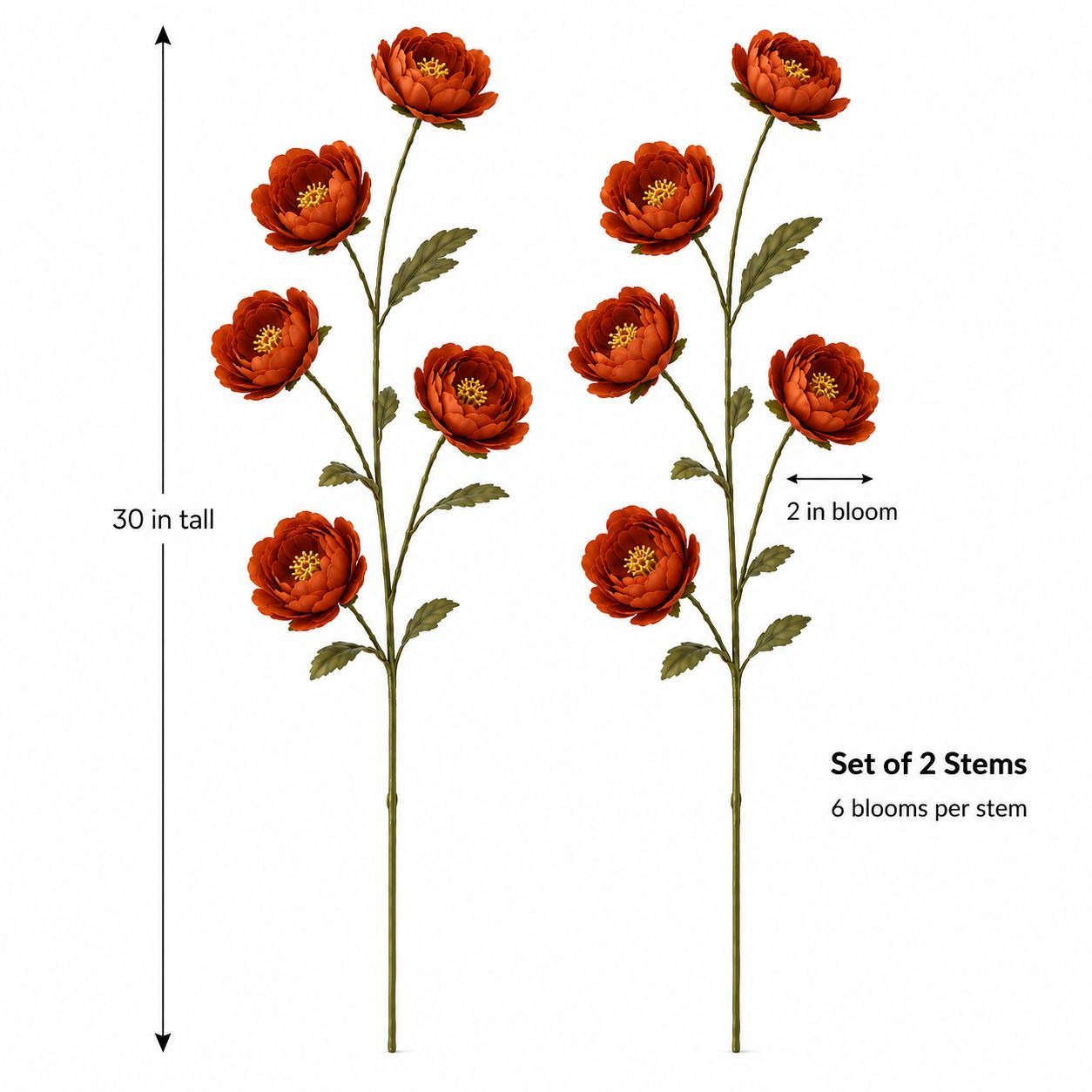 Two artificial orange-red flower stems with green leaves and stems, shown on a white background with measurement labels indicating 30 in tall and 2 in bloom, plus text reading 'Set of 2 Stems' and '6 blooms per stem'.