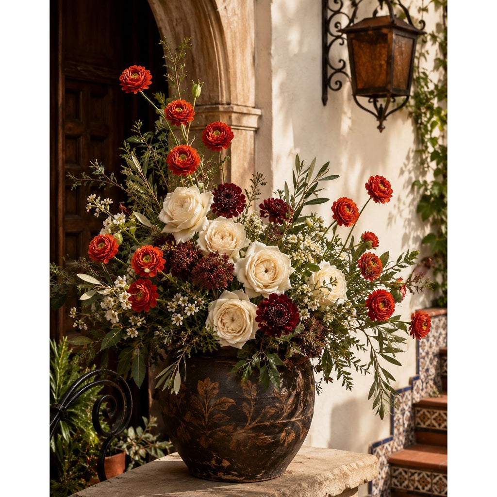 A large floral arrangement in a dark ornate ceramic vase, placed on a stone ledge in front of a doorway. The bouquet features red and white roses, burgundy carnations, and green foliage, with a warm rustic wall and lantern in the background.