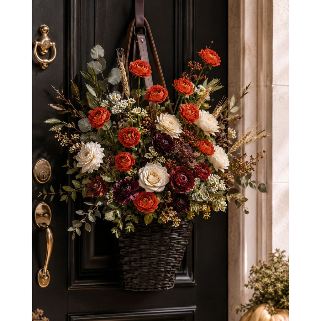 A large autumn floral arrangement in a dark woven basket with a brown leather handle, hung on a black front door. The bouquet features orange, red, cream, and burgundy flowers with green and gray foliage.