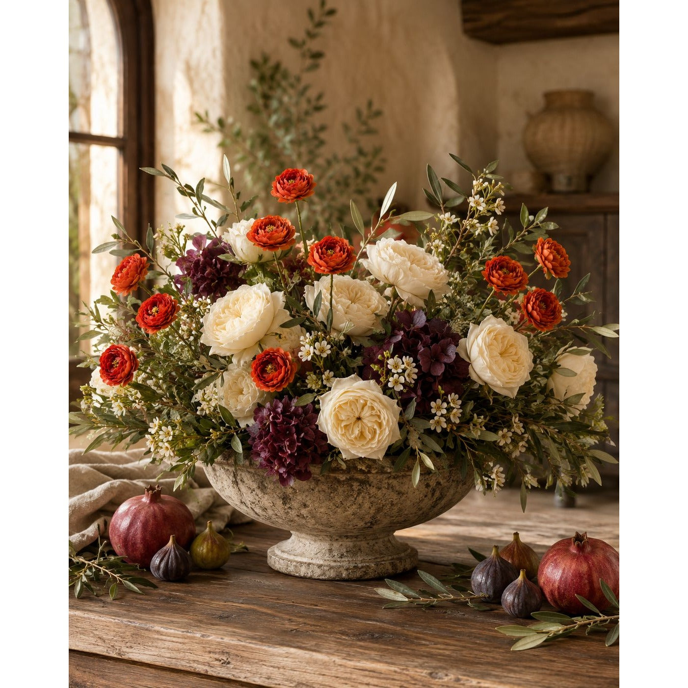 A large autumnal floral arrangement in a stone pedestal bowl, featuring cream roses, red ranunculus, burgundy and purple stock, and green foliage, displayed on a rustic wooden table with pumpkins and a warm, cozy interior background.