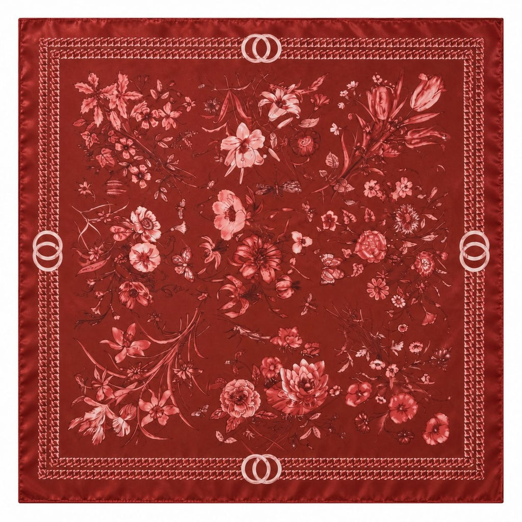 A square red silk scarf featuring an intricate floral pattern in shades of pink and red, finished with a decorative border and double-O logo details in the corners.