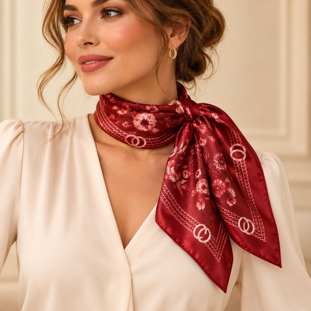 A woman wearing a burgundy satin neck scarf with a white and pink floral pattern and double-ring motifs, styled tied around her neck over a cream satin blouse.