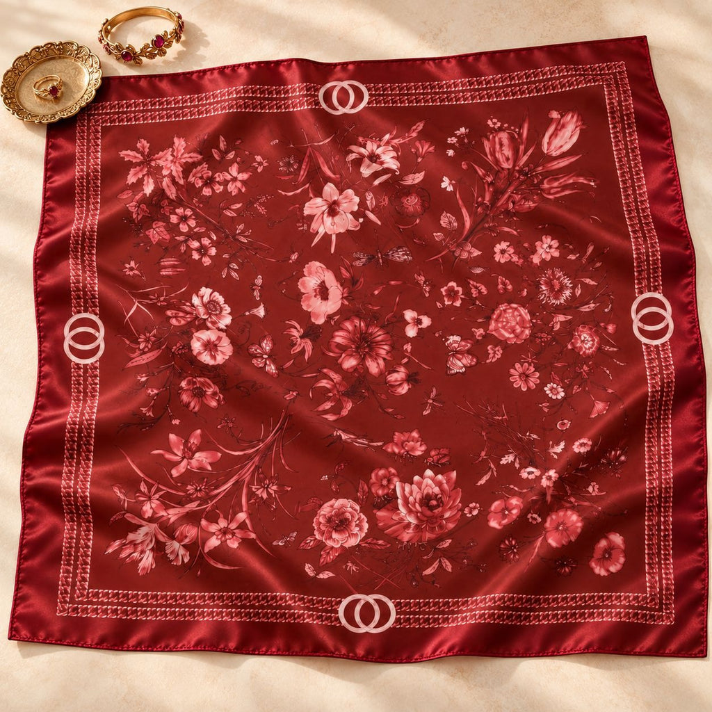 A square red satin scarf with a pink floral print and double-ring motifs at the corners, laid flat on a light beige fabric background with two gold jewelry pieces in the top left corner.