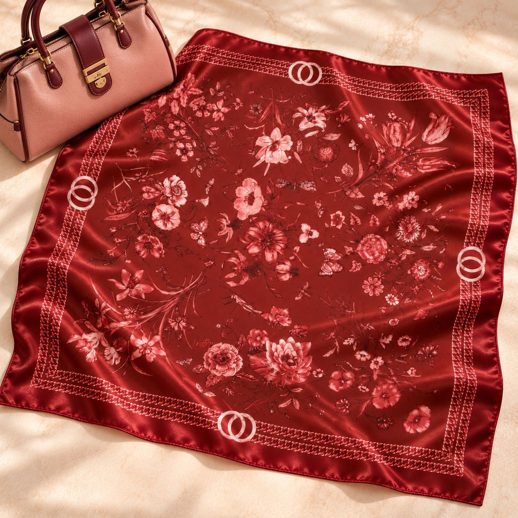 A square red satin scarf with a pink and white floral print and double-ring motifs, laid flat on a beige fabric surface next to a pink handbag.