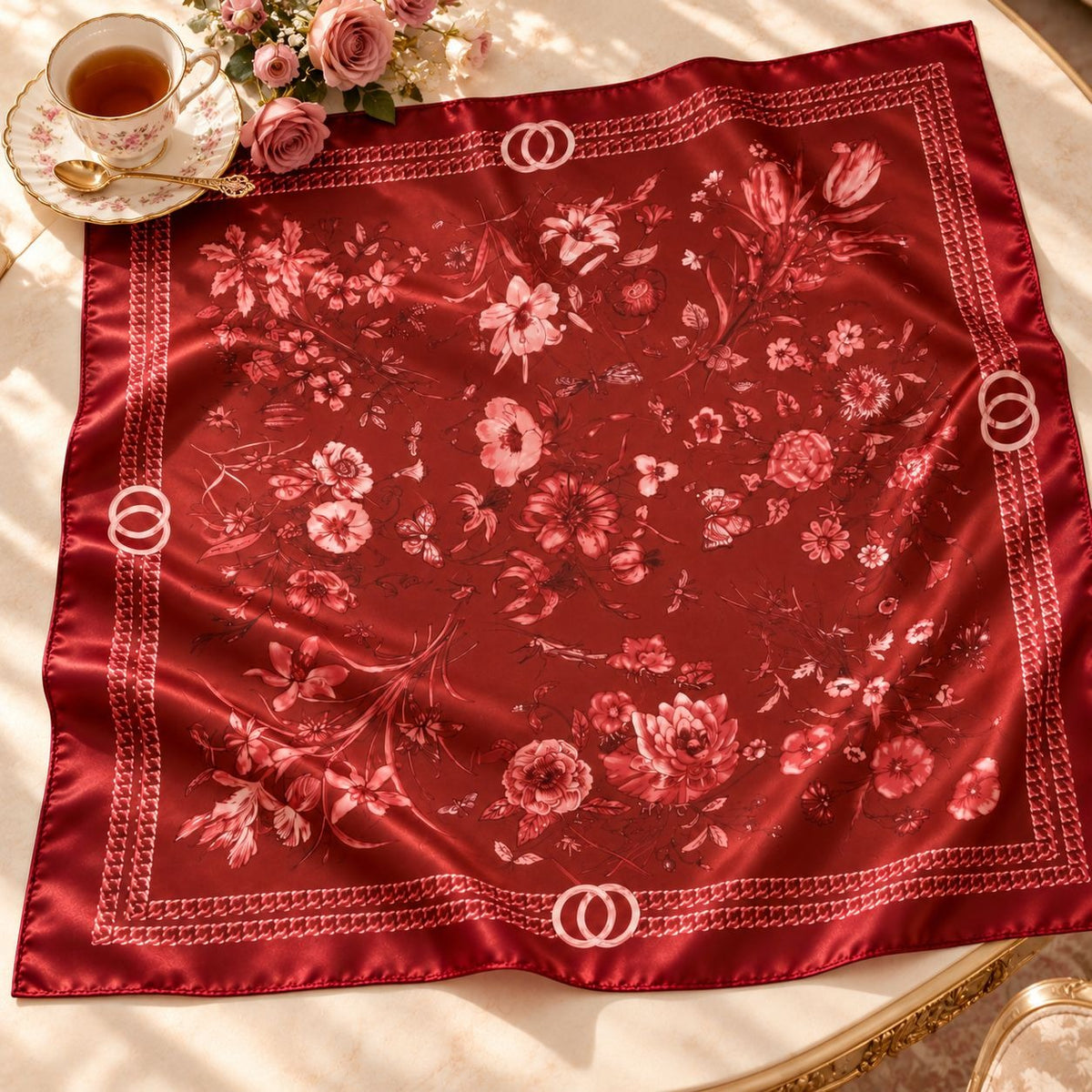 Burgundy Pink Floral Satin Scarf 34x34 Butterfly Square Hair Neck Wrap